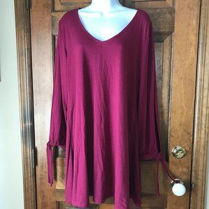 Goory Burgundy Pullover Dress w/Split Long Sleeves & Self-Tie Cuffs Large